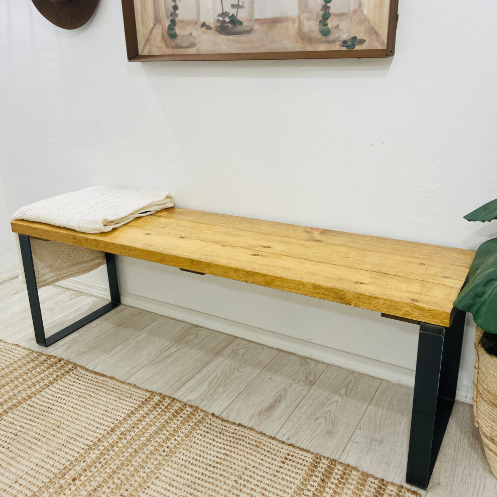 Bedroom or Entryway Bench, Heavy Duty Industrial Metal Legs, Golden Brown, Length 58", Fits Queen Bed