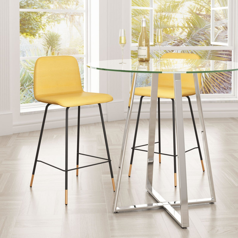 Counter Stool Chair, Steel Metal, Fabric, Yellow, Black, Gold, Mid Century Cafe