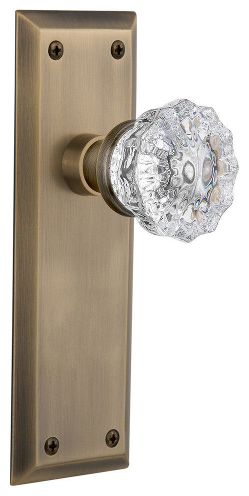 Double New York Plate With Crystal Knob, Antique Brass