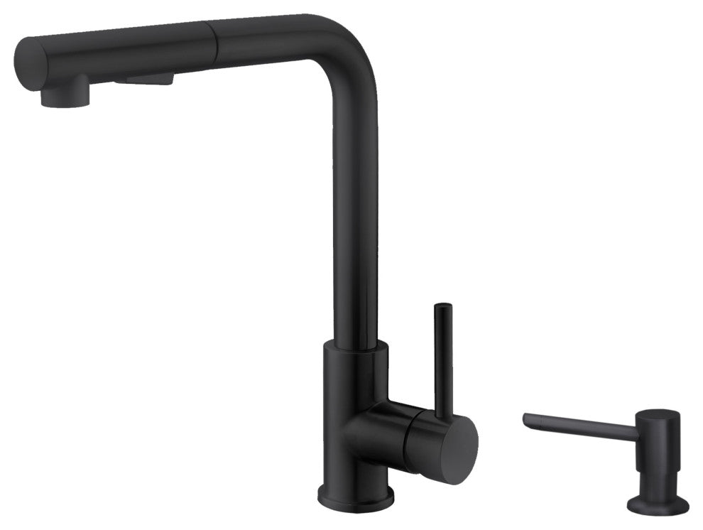 Stylish Pull Down Kitchen Faucet + Soap Dispenser Matte Black Finish