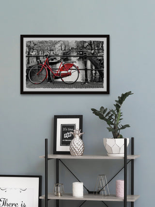 "Red Bicycle on the Bridge" Framed Painting Print, 24x16