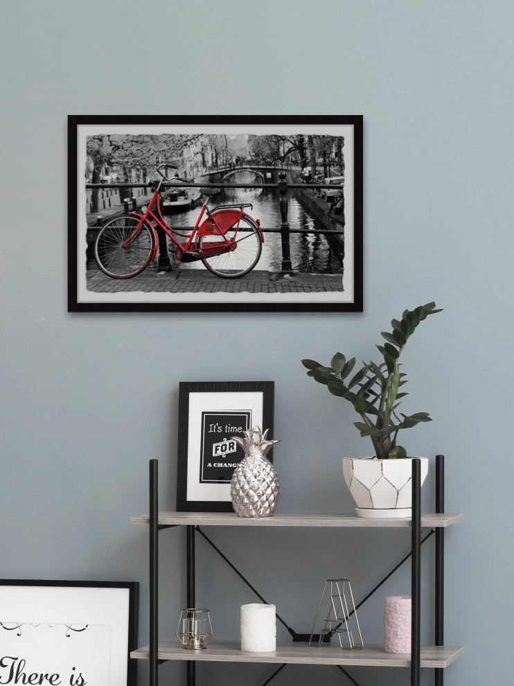 "Red Bicycle on the Bridge" Framed Painting Print, 24x16