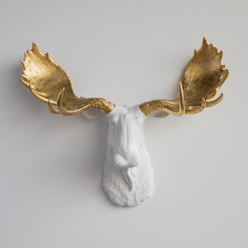 Faux Taxidermy Moose Head Wall Mount, White and Gold