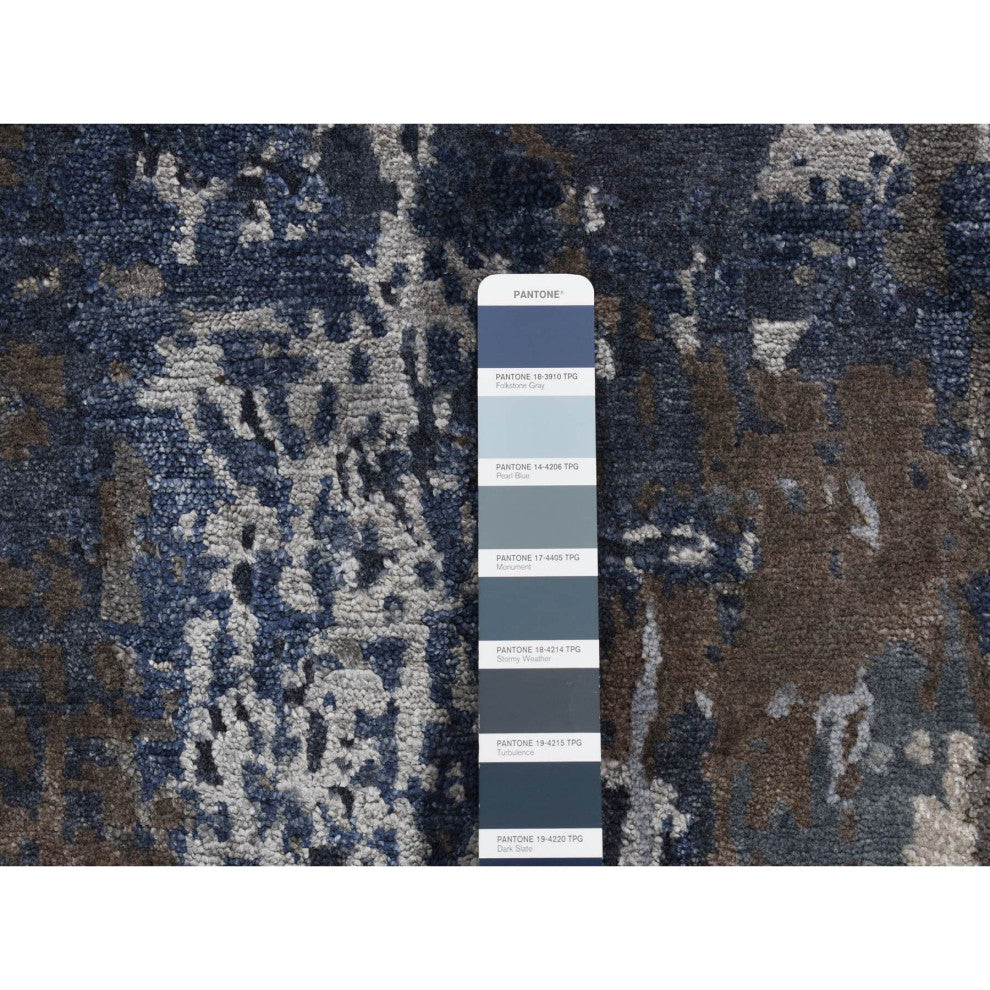 Blue, Hand Knotted, Abstract Design, Wool and Silk, Runner Rug, 2'8"x8'1"