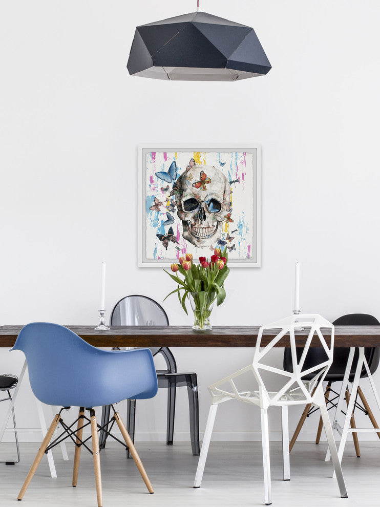 "Colorful Happy Butterfly Skull" Framed Painting Print, 18"x18"