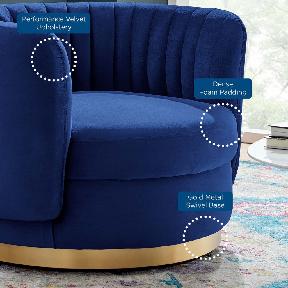 Armchair Swivel Accent Tufted Chair, Navy Gold, Velvet, Modern, Hospitality