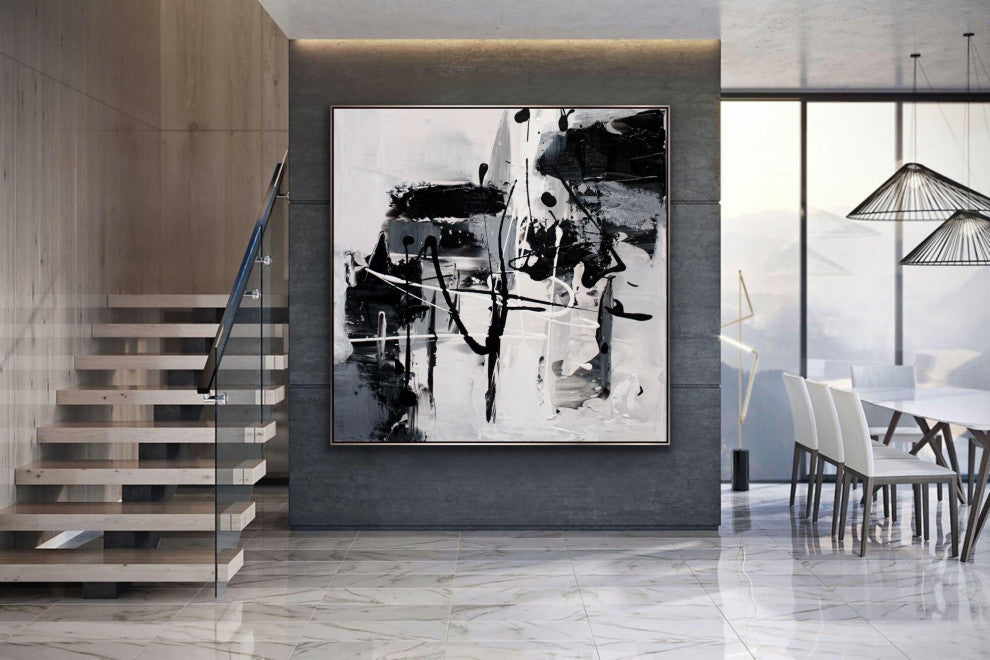 48x48" Crazy Black and White Contemporary Art Large Modern Abstract Painting
