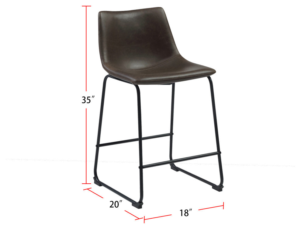 Set of 2 Faux Leather Counter Height Stools, Brown and Black