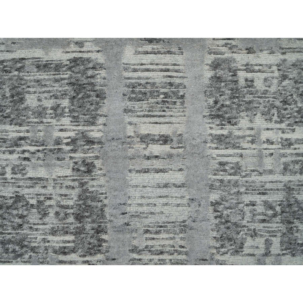 Gray, Hand Spun Wool, Hand Knotted, Modern Design, XL Runner Rug, 2'7"x25'6"