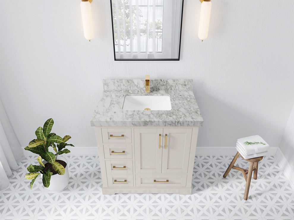 Boston 36" Center Sink Bath Vanity in Fine Grain 2" Carrara Marble