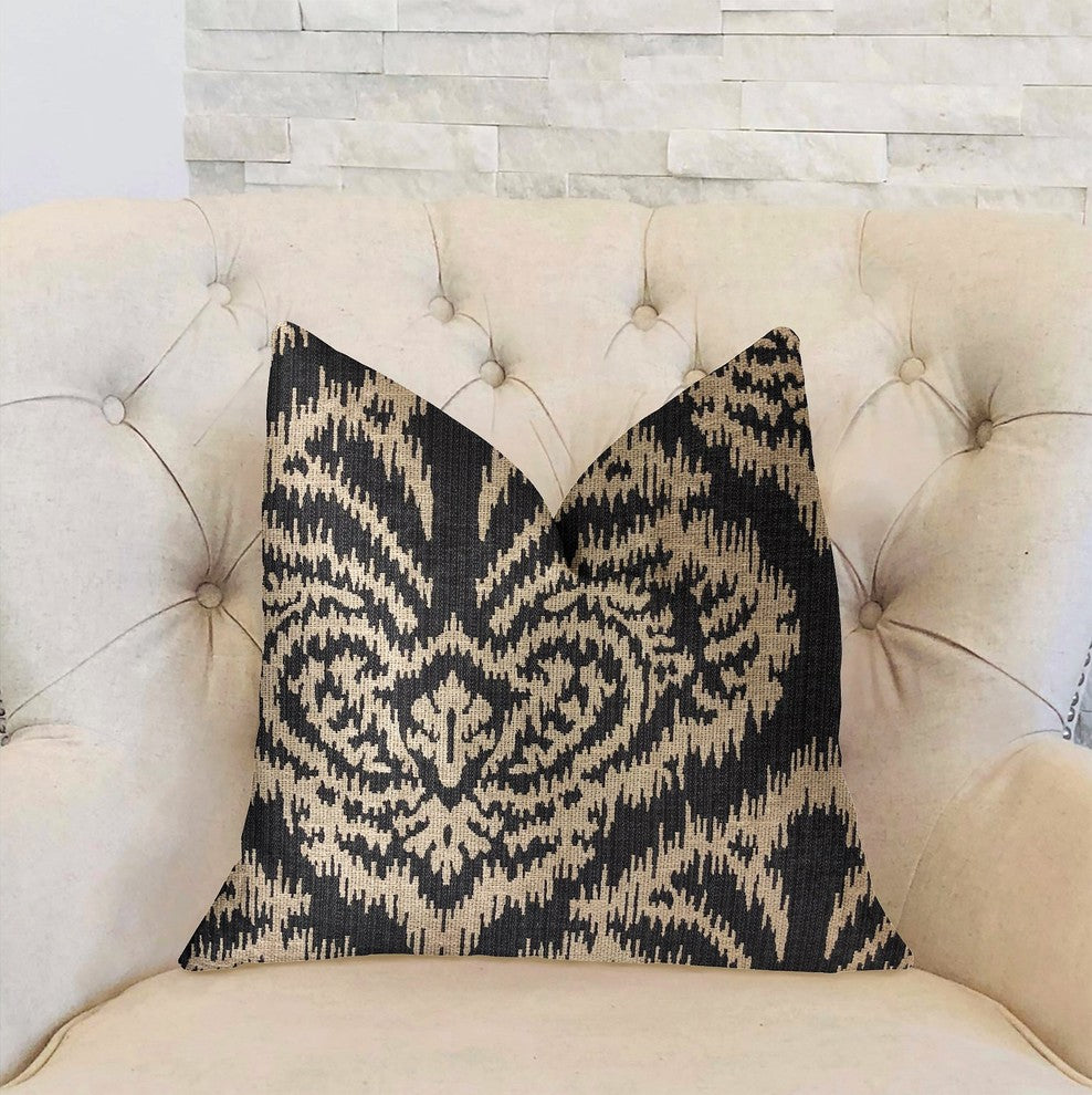 Floral Fantasy Black and Beige Luxury Throw Pillow, 18"x18"
