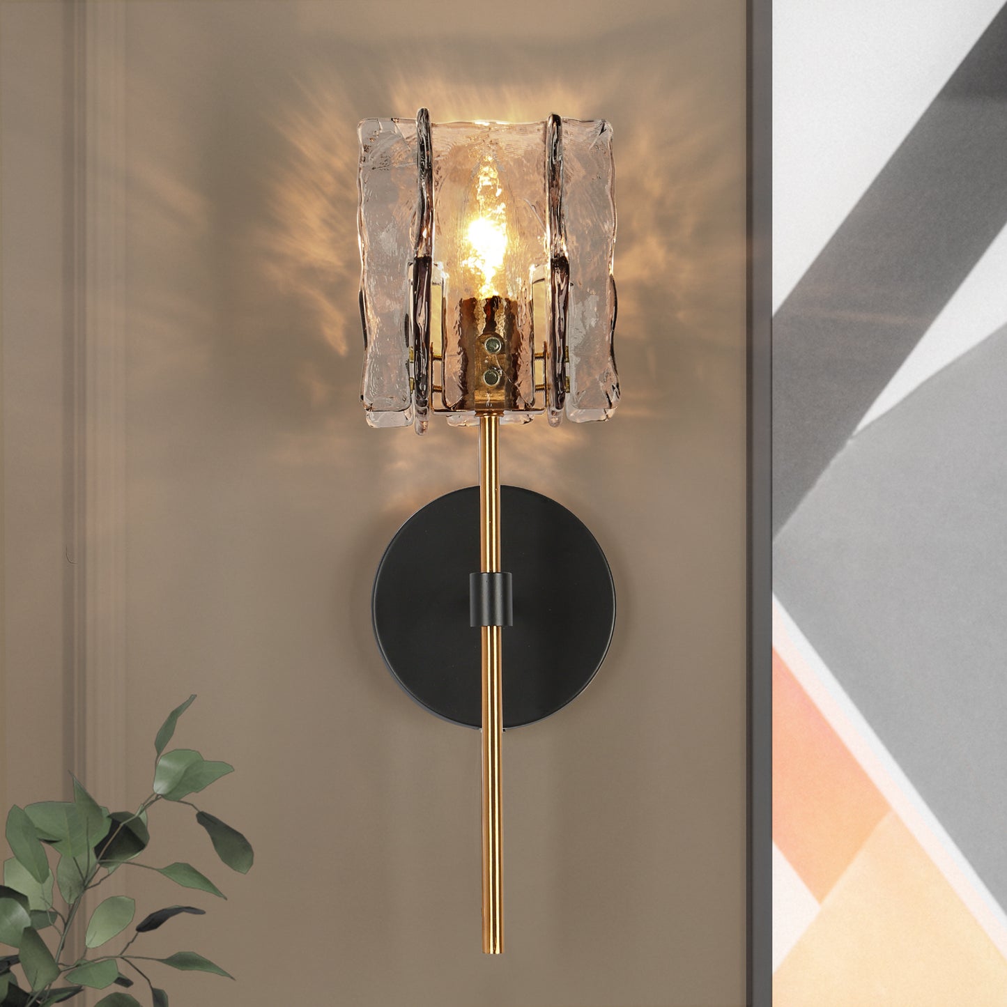 LNC Tucana Polished Gold and Matte Black Modern Wall Sconce, Textured Glass, 1 Light