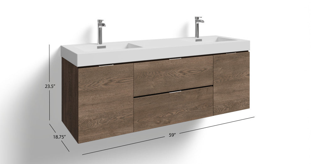 Boutique Bath Vanity, Butternut, 60", Double Sink, Wall Mount
