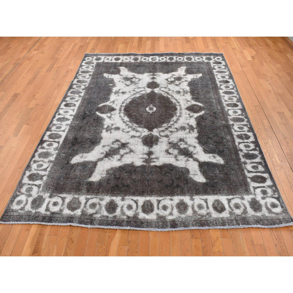 Black Vintage Overdyed Persian Tabriz Barjasta Wool Hand Knotted Rug 8'x11'