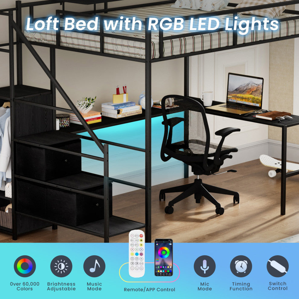Gewnee Full Size Metal Loft Bed with L-shaped Desk