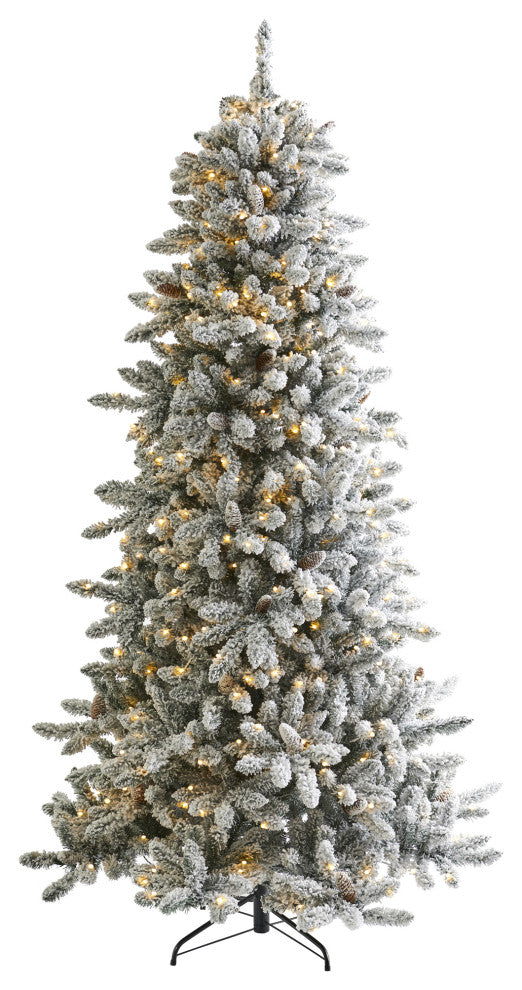7.5ï¿½ Flocked Livingston Fir Christmas Tree/ Pine Cones/500 Clear Warm LED Lights
