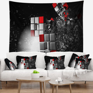 Fractal 3D Red White Cubes Contemporary Wall Tapestry, 39"x32"