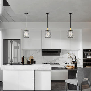 1-Light Black and Gold Cage Mini Pendant With Hanging Crystals