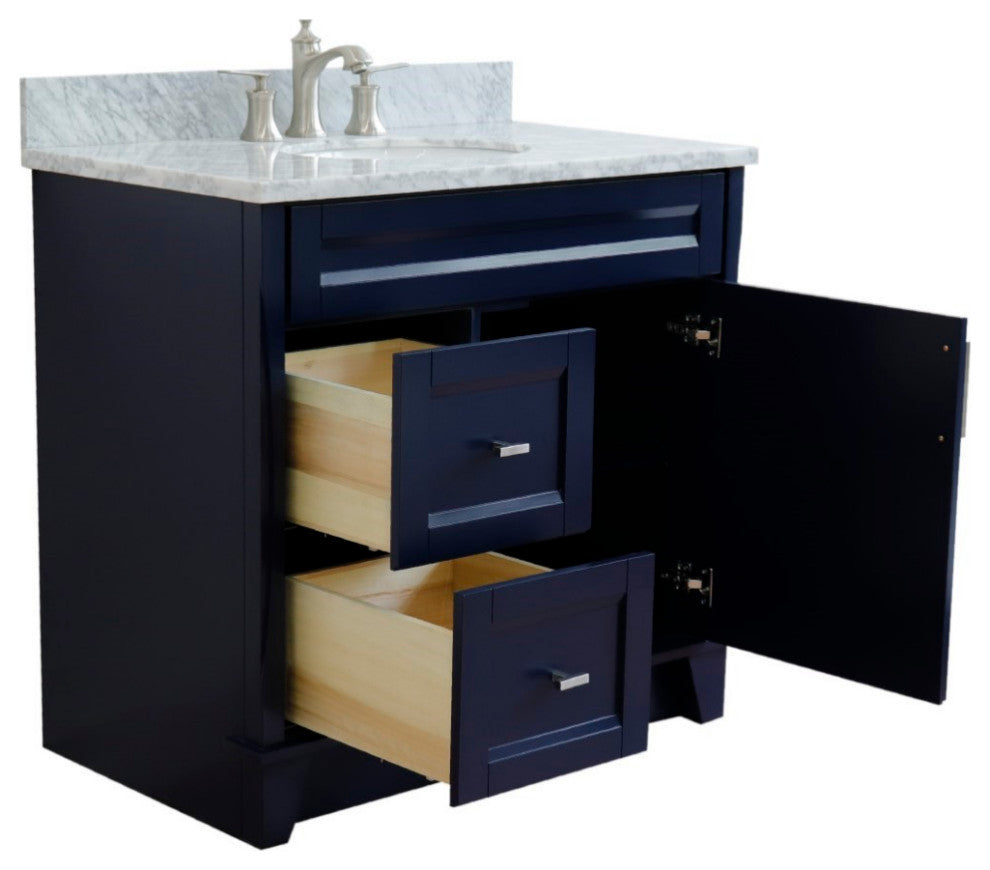 37" Single Sink Vanity, Blue Finish With White Carrara Marble