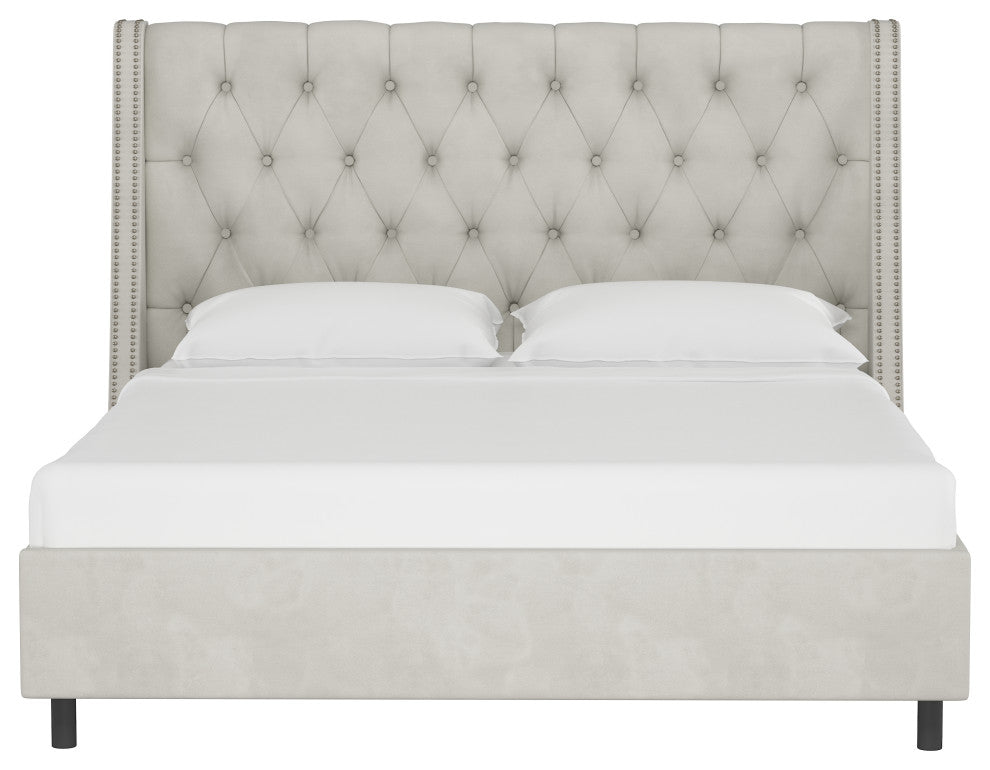 Williams Twin Nail Button Wingback Platform Bed, Velvet Light Gray