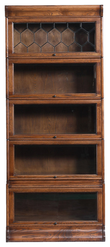 Crafters and Mission Style Oak 5 Stack Barrister Bookcase with Leaded Glass, Walnut