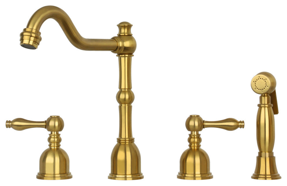 Two-Handles Copper Widespread Kitchen Faucet with Side Sprayer, Brushed Gold