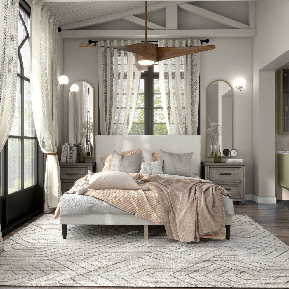Miles White Boucle Upholstered Wood Frame Platform Bed, Queen, Pillow
