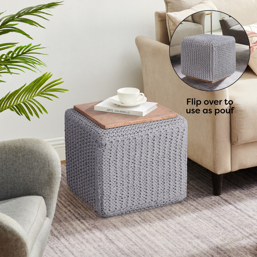 Loft Lyfe Roxy Ottoman, Hand Knitted, Wooden Tray, Cotton Yarn, Light Gray