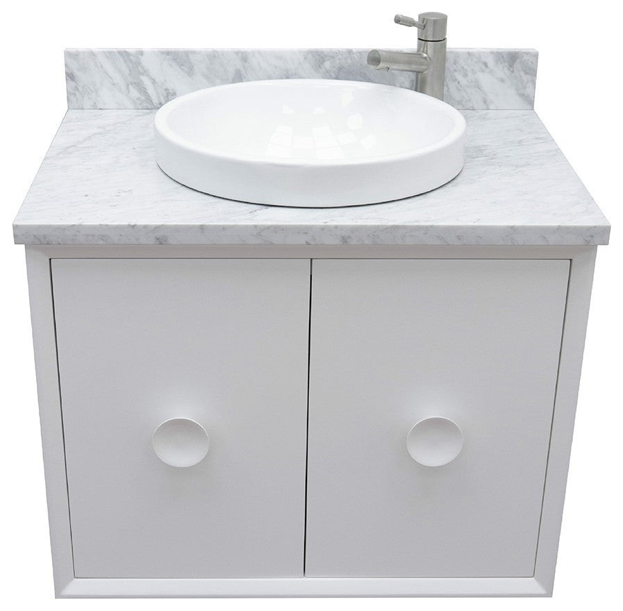 31" Single Wall Mount Vanity, White Finish With White Carrara Top