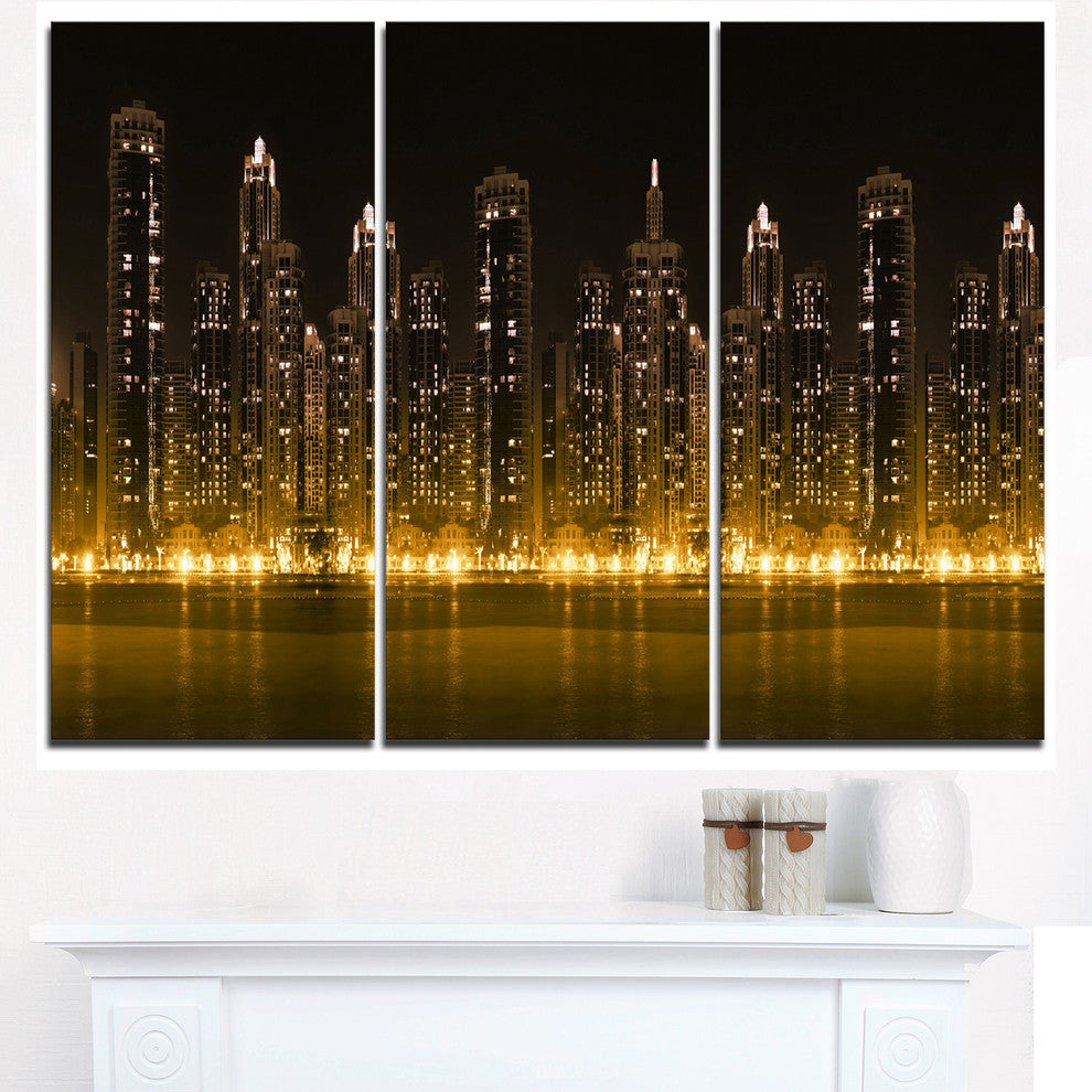 "Modern City With Illuminated Skyscrapers" Metal Wall Art, 3 Panels, 36"x28"