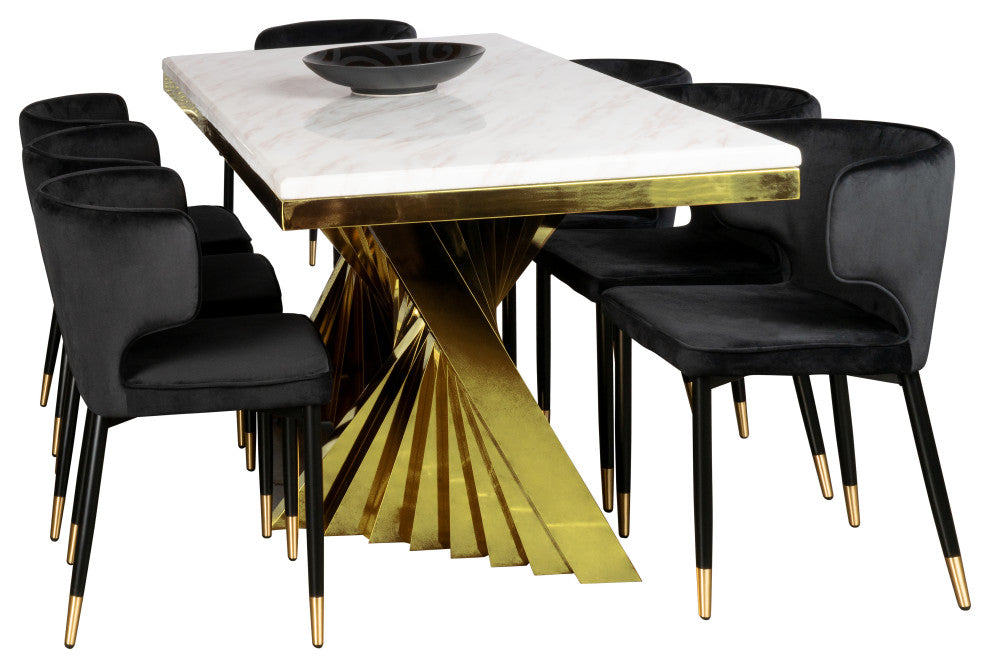 Waterfall Rectangle Marble Top Dining Table With Chairs, Silver/Black