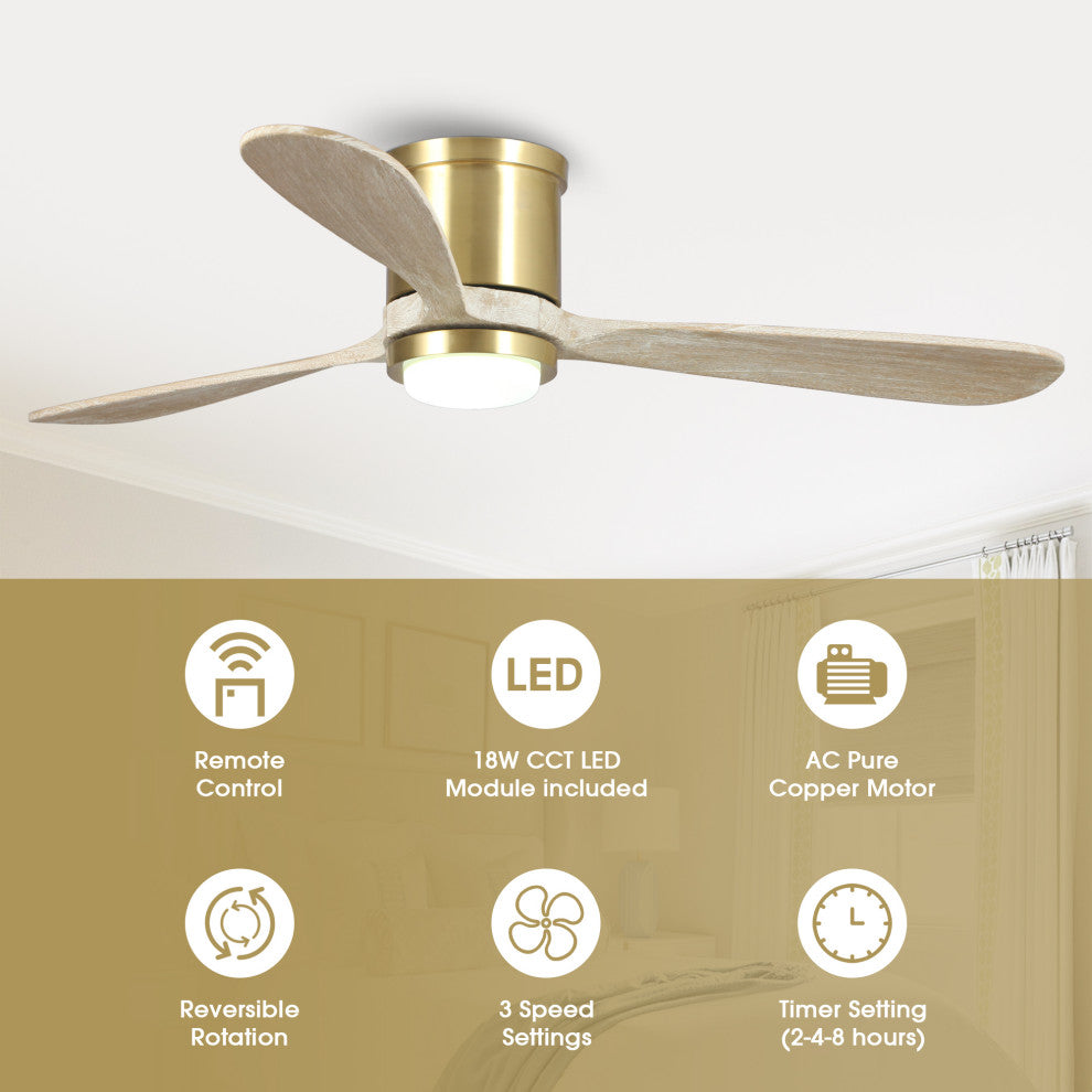 52 in Modern Flush Mounted Ceiling fan with 3 Blades in Sand Copper