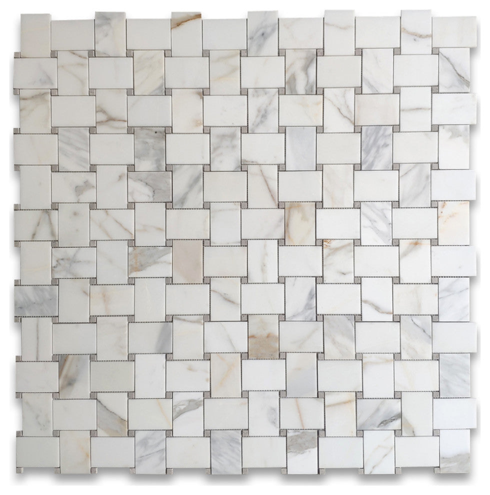 Calacatta Gold Marble Basketweave Mosaic Tile Cinderella Gray Polished, 1 sheet