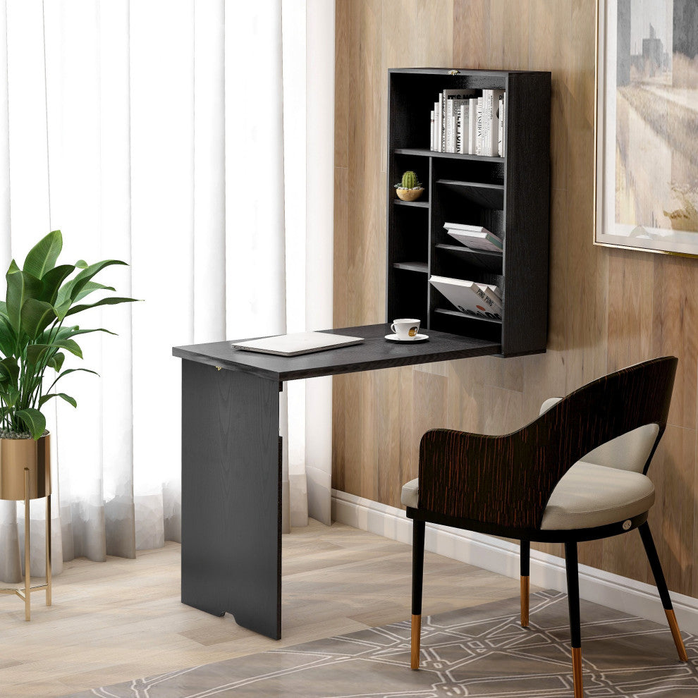 HomeRoots Sleek Black Finish Folding Murphey Style Desk With Shelves