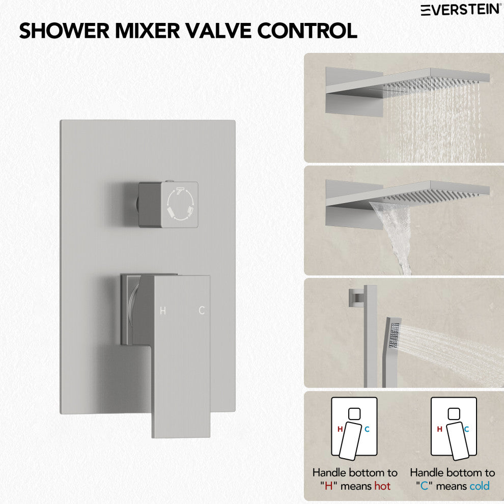 Dual-Function Waterfall & Rainfall Shower Faucet Set With Rough-In Valve, Brushed Nickel