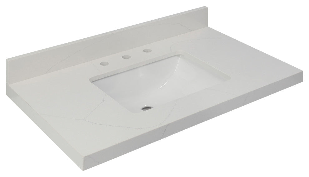 Chantilly White Quartz Top With Mounted White Rectangular Ceramic Basin, 37"