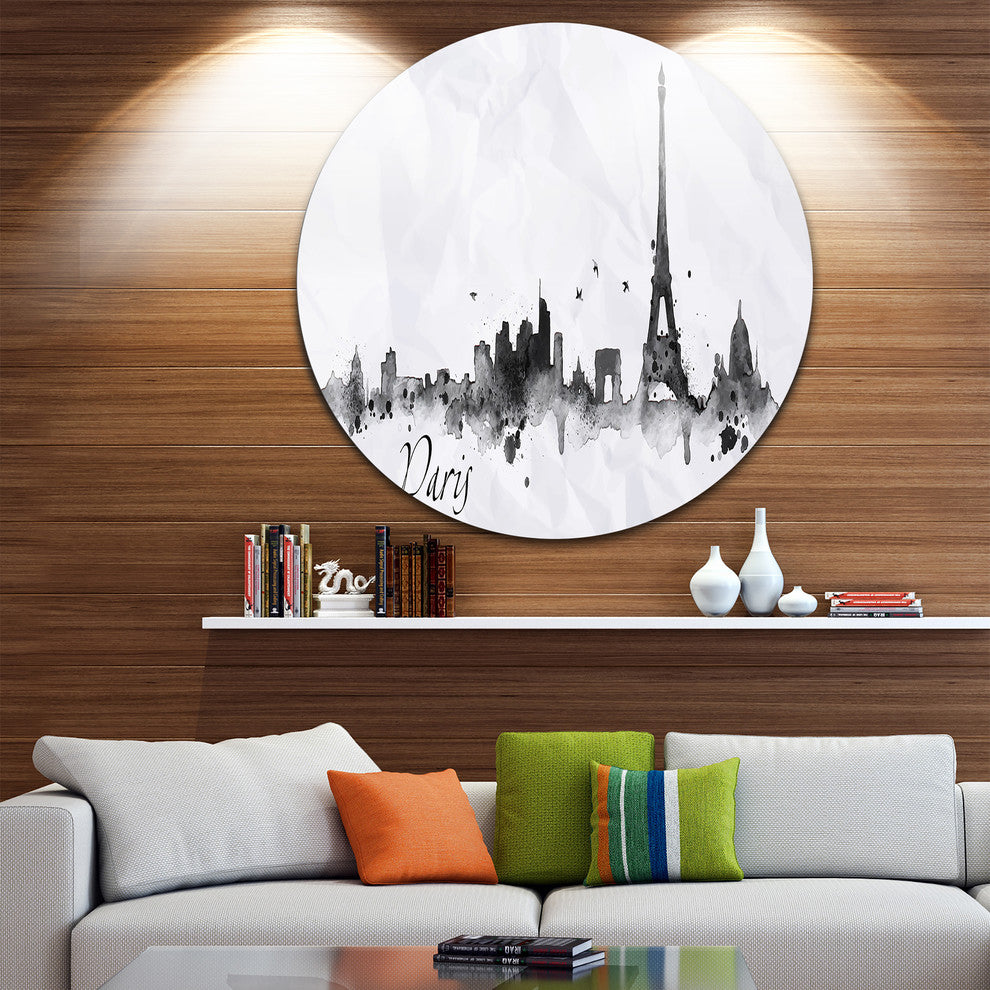 Paris With Eiffel Silhouette, Cityscape Disc Metal Wall Art, 11"