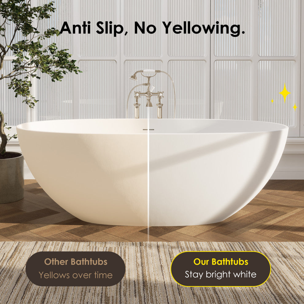 Euston Flatbottom Freestanding Solid Surface Soaking Bathtub, Matte White, 65inch