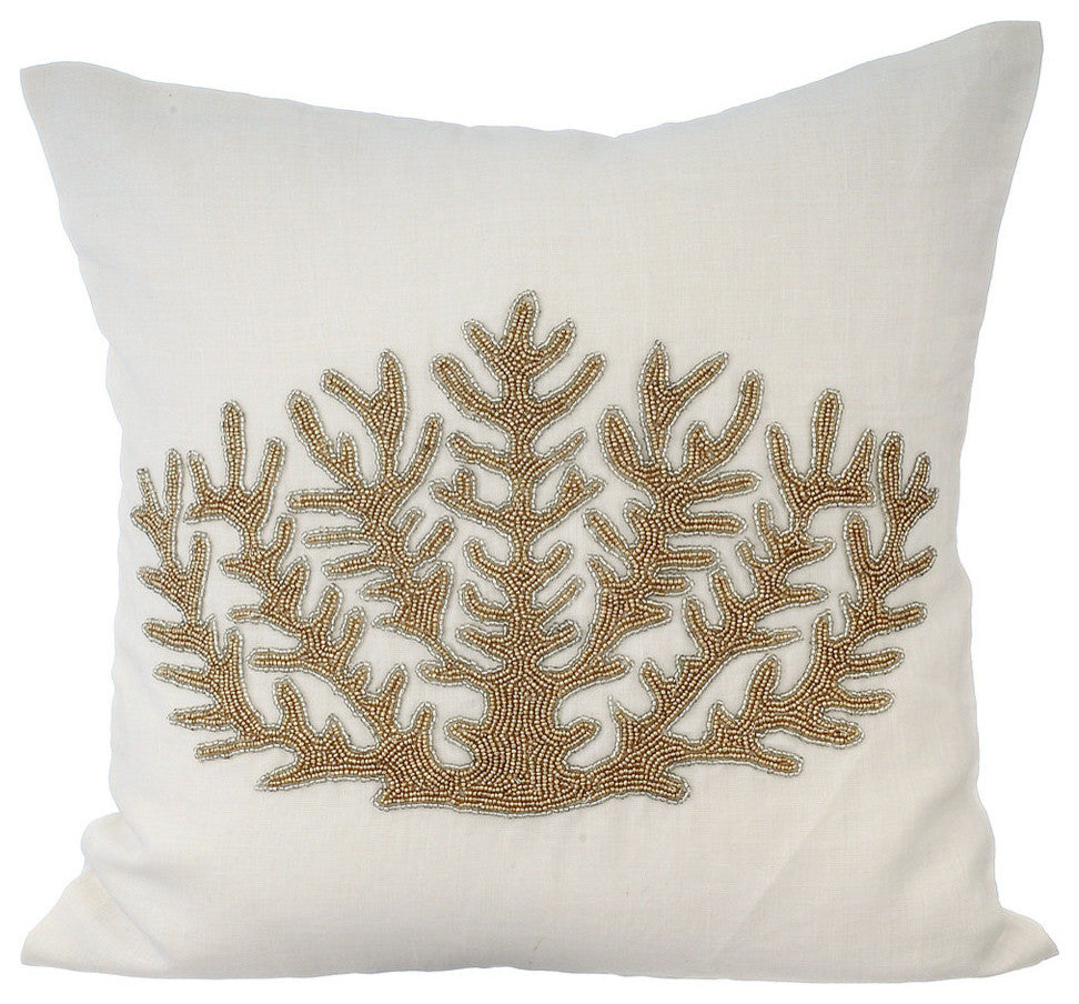 Ivory Decorative Pillow Shams 24"x24" Cotton, Gold Coral Hunt