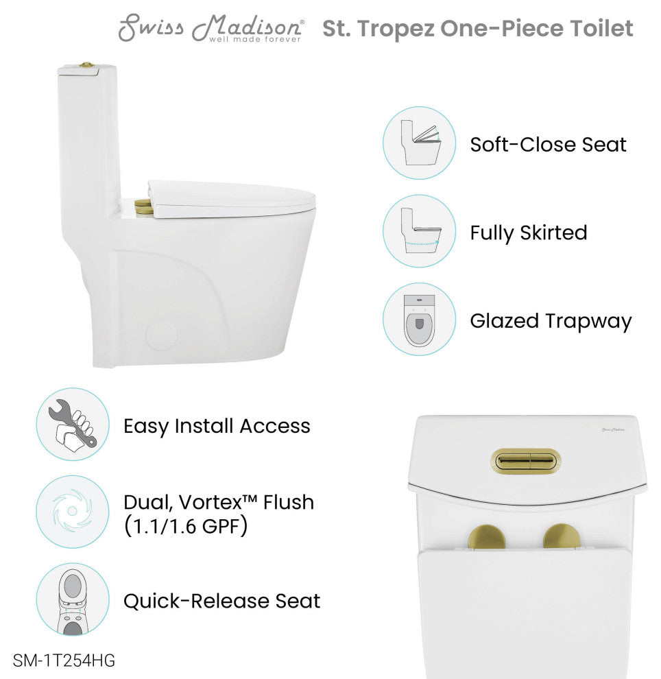 St. Tropez Elongated Toilet, Dual Vortex Flush, Glossy White With Gold Hardware