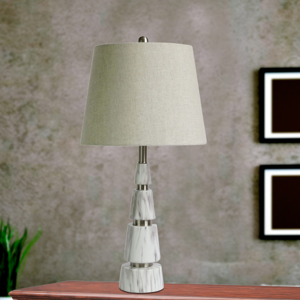 26" Contemporary Mixed Material Pyramid Resin Faux Marble & Metal Table Lamp