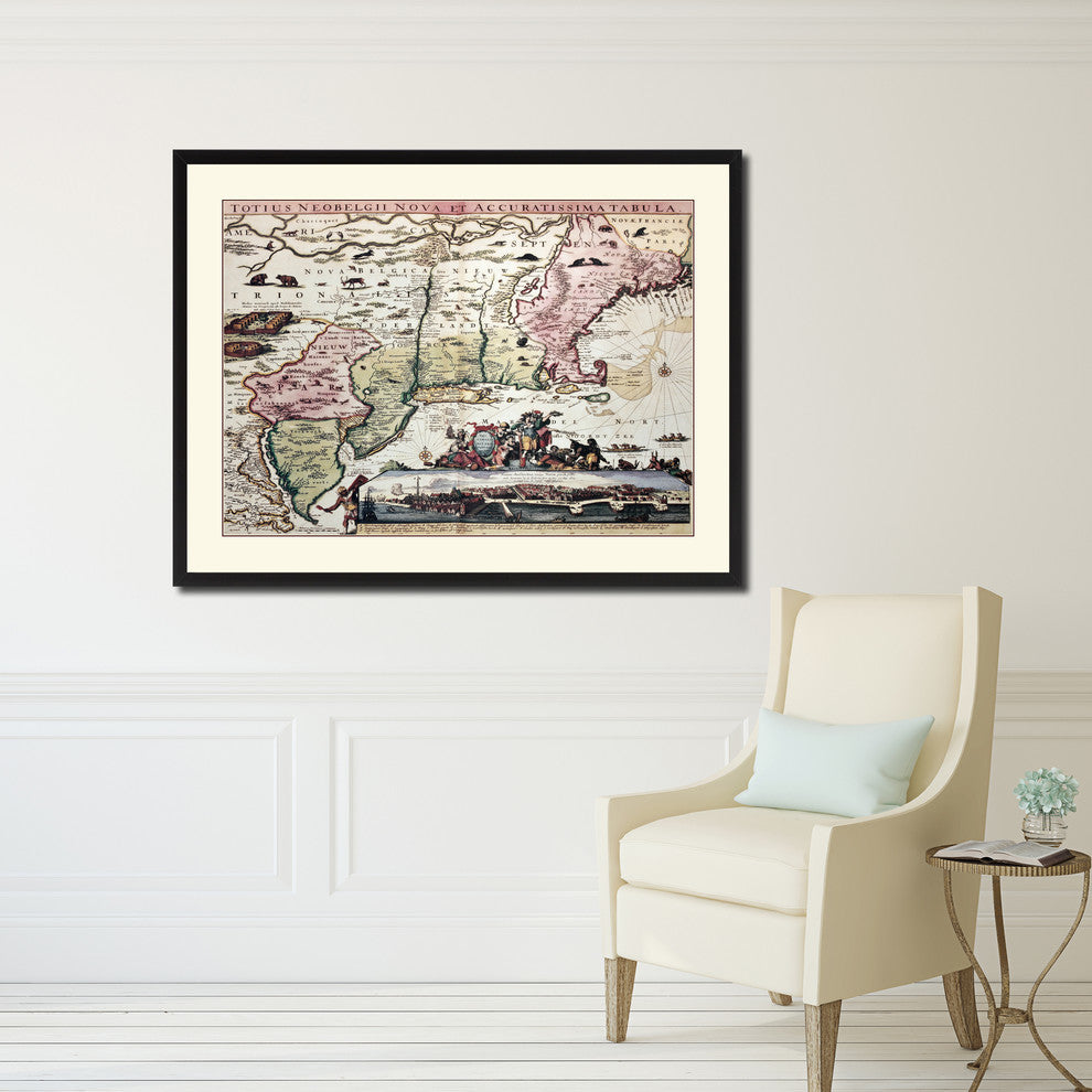 New England Vintage Map Print On Canvas With Picture Frame 28" X 37"