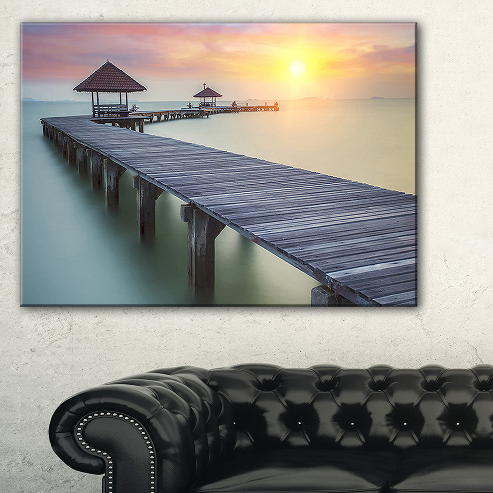 "Wooden Sea Bridge and Sunset" Seashore Canvas Photo Print, 1 Panel, 60"x28"