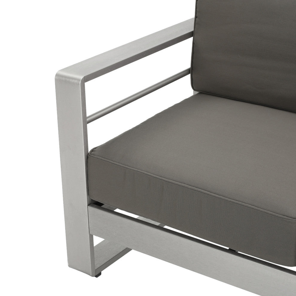 GDF Studio Cybele Doris Outdoor Aluminum Loveseat and Coffee Table Set, Silver/Khaki