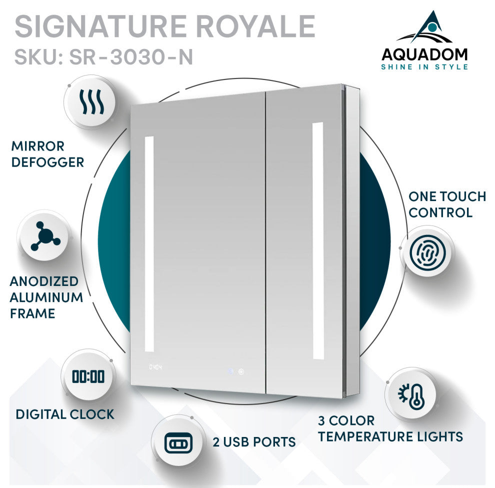 Signature Royale 30" LED Medicine Cabinet Defogger, Adjustable Magnifying Mirror