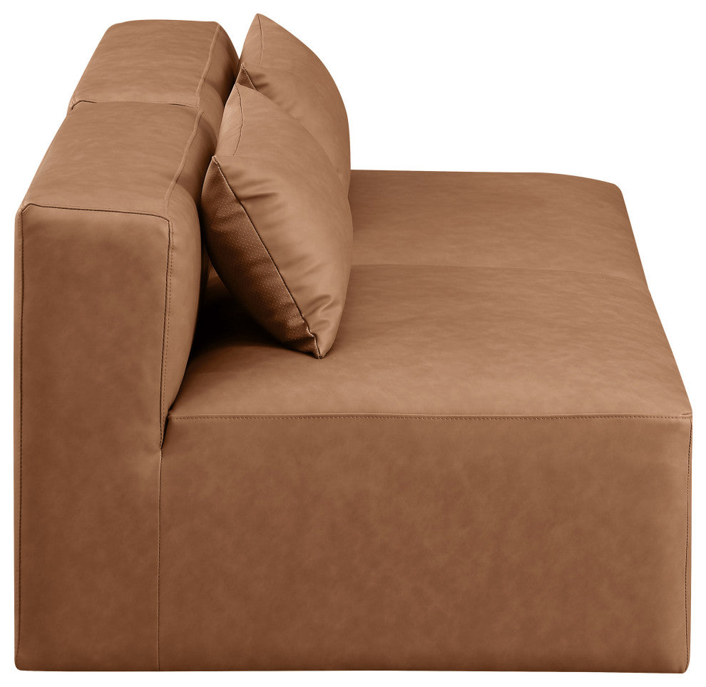 Cube Upholstered Modular Sofa, Brown, 2-Piece: 2 Armless Chair, Vegan Leather