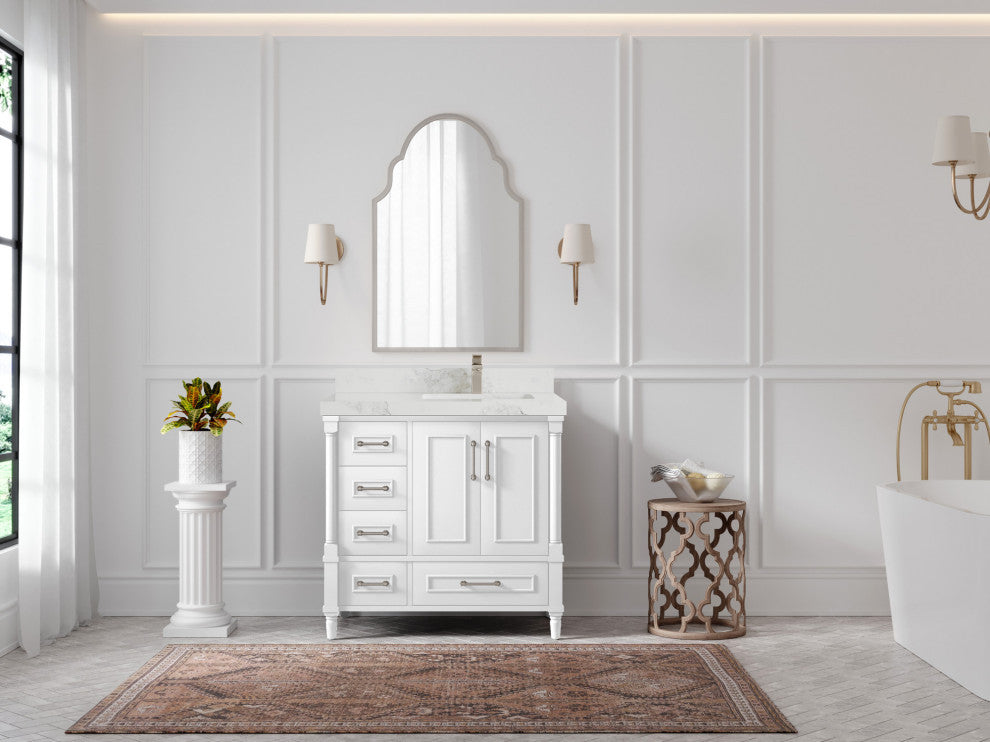 Aberdeen 36 Right Offset Bath Vanity in White 2" Calacatta Nuvo