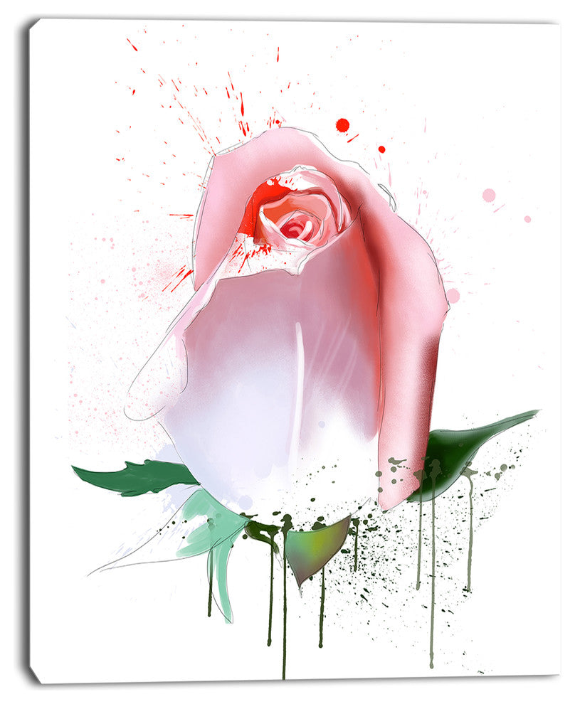 Pink Rose with Paint Splashes, Large Floral Canvas Artwork, 12"x20"