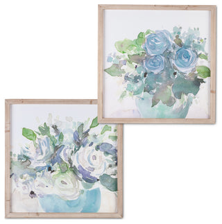 Set of 2, 23.63"Blue Flower Themed Wall Art, Wooden Frames