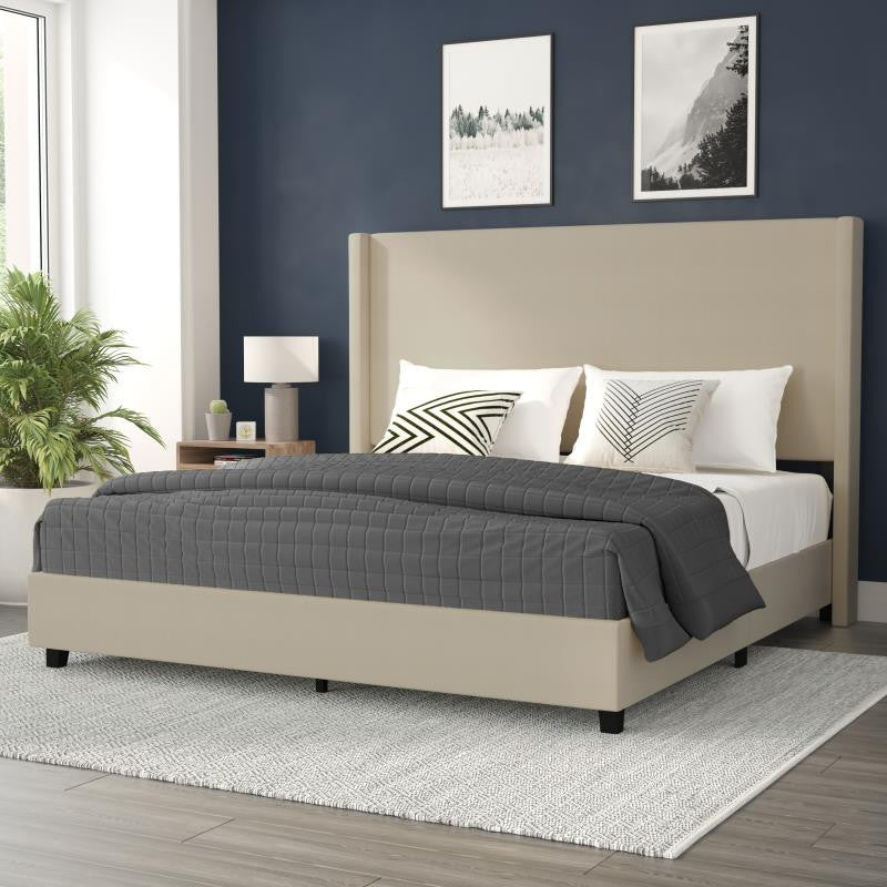 Quinn Upholstered Platform Bed with Channel Stitched Wingback Headboard, Beige, King